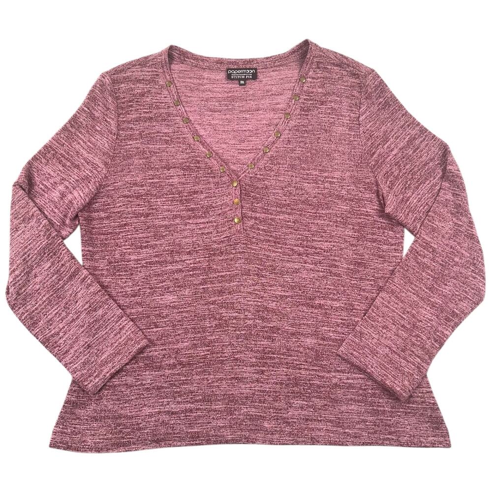 Papermoon Stitch Fix Pink Marled Knit Sweater Studded Henley Long Sleeve XXL